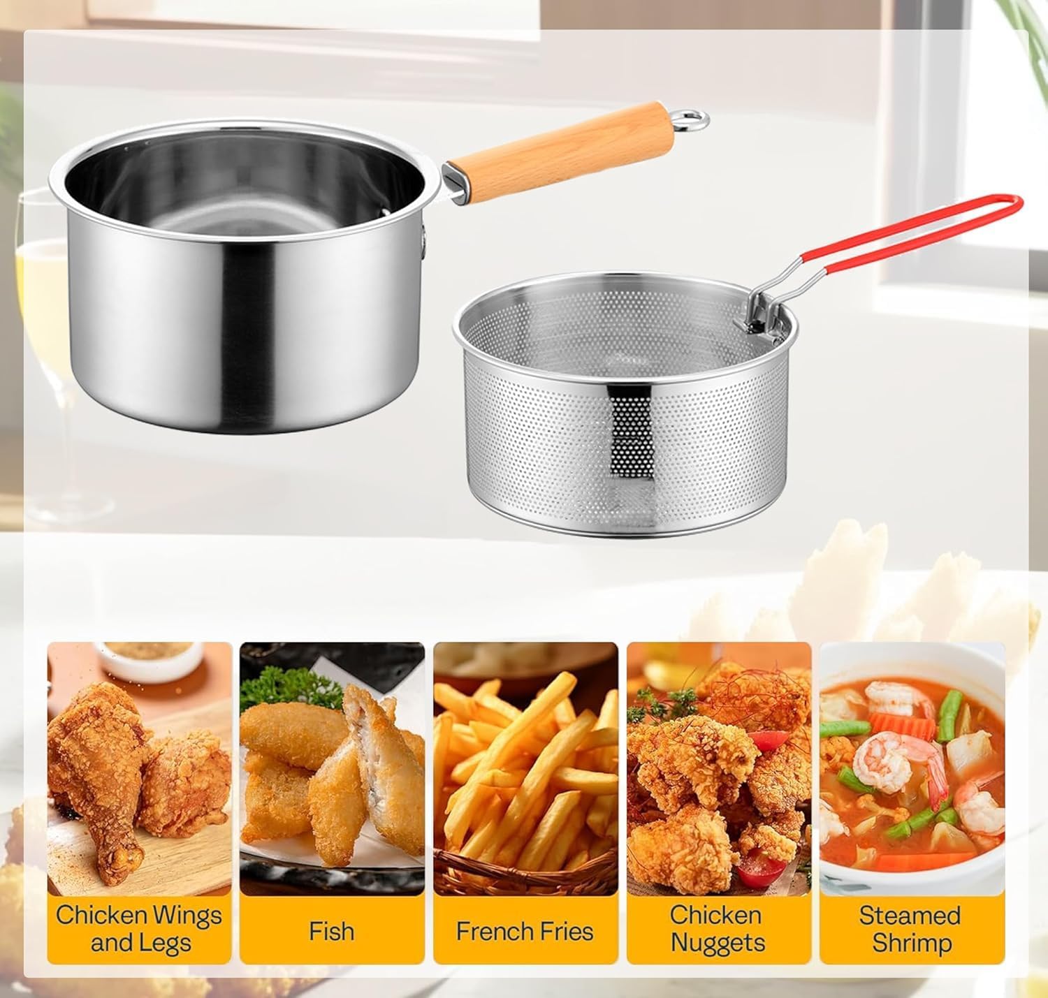 Deep fryer - Deep fryer - Saucepan - Cooking pot - Frying basket - Doughnut pan - Dutch oven - Induction pan - Gas - Electric - Frying set - Kitchen utensils - Kitchen accessories - Including tongs - Stainless steel - Stainless steel - Silver - 1 piece