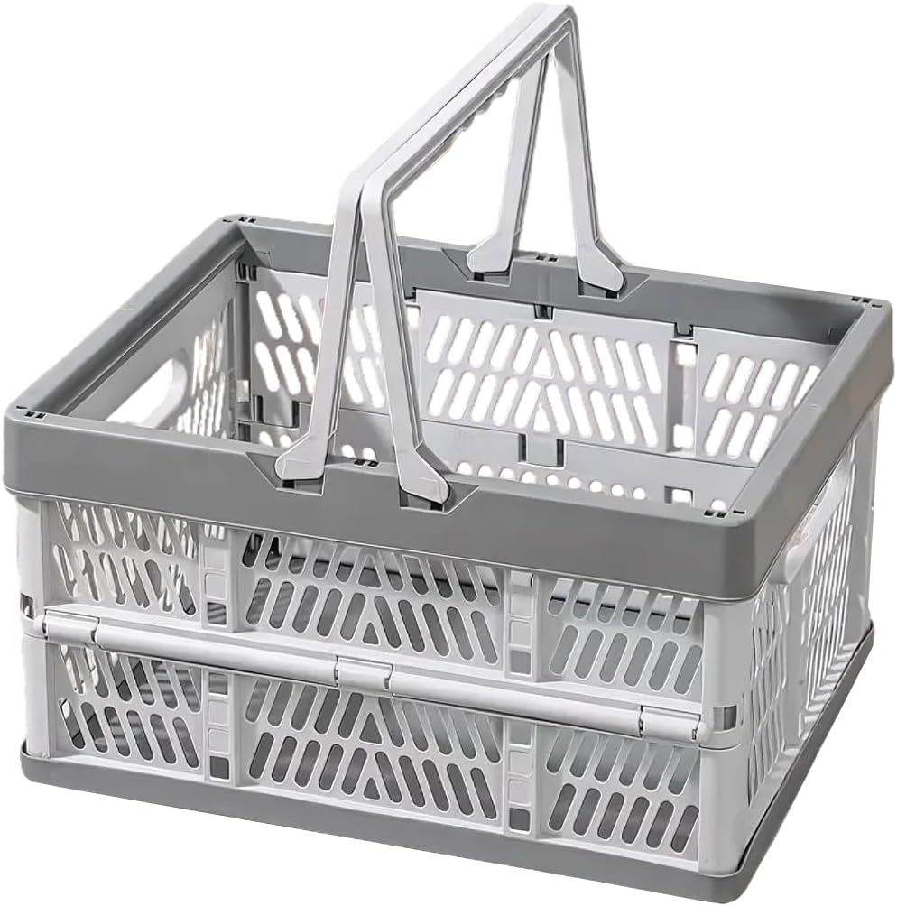 Folding Crate - Folding Crate - Shopping Basket - Storage Basket - Collapsible Basket - Shopping Crate - Storage Box - Plastic Crate - Camping - Car Organizer - Foldable - Stackable - With Handles - Trunk - Gray White - 1 Piece
