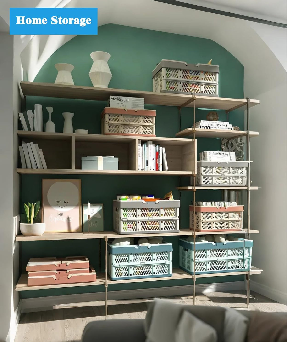 Folding Crate - Folding Crate - Shopping Basket - Storage Basket - Collapsible Basket - Shopping Crate - Storage Box - Plastic Crate - Camping - Car Organizer - Foldable - Stackable - With Handles - Trunk - Blue Gray - 1 Piece