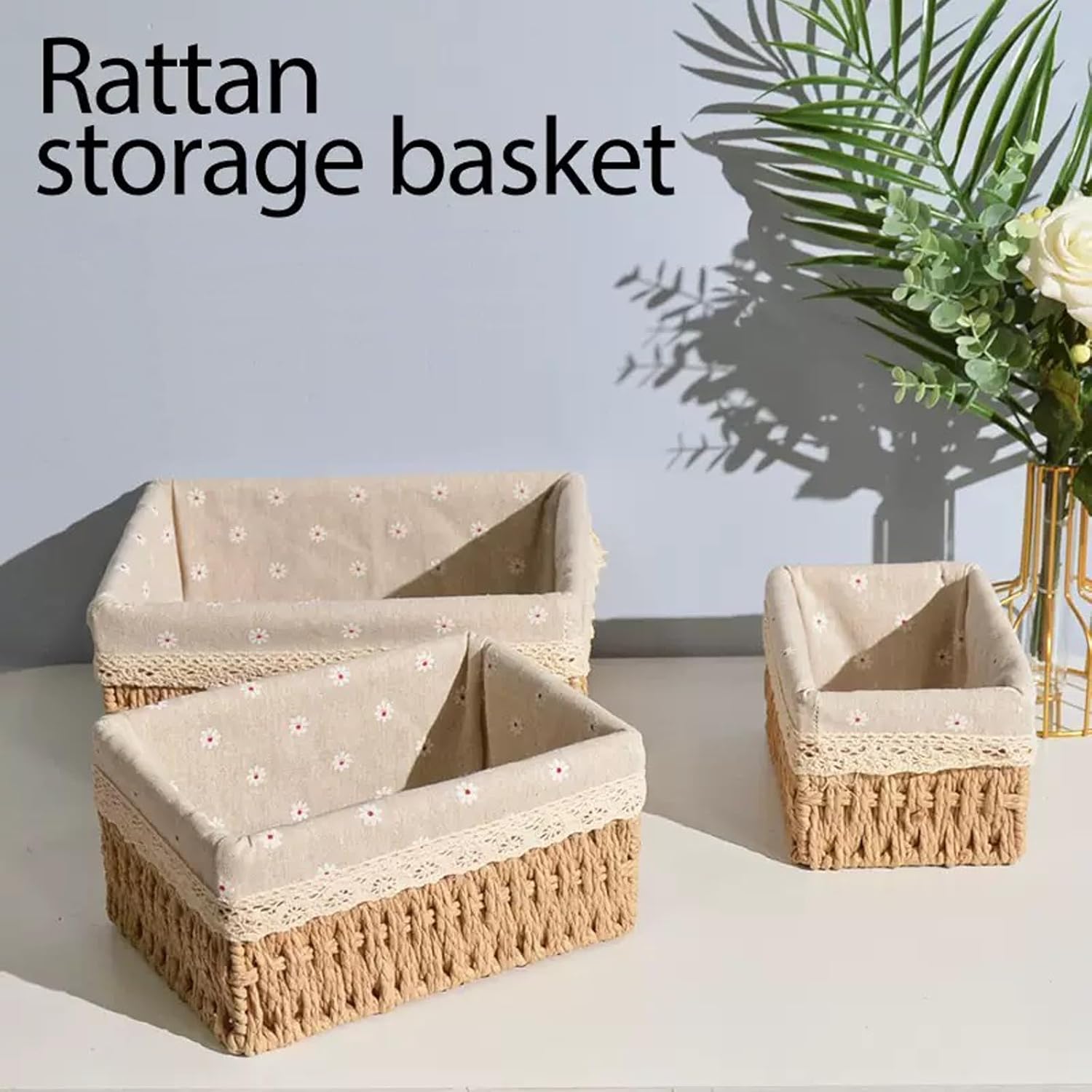 Storage Basket - Basket Set - Wicker Basket - Woven Basket - Cabinet Basket - Bathroom Basket - Storage Box - Drawer Organizer - Living Room - Bedroom - Bathroom Accessories - With Fabric Lining - Floral Print - Country Style - 3 Sizes - Natural - 3 Piece