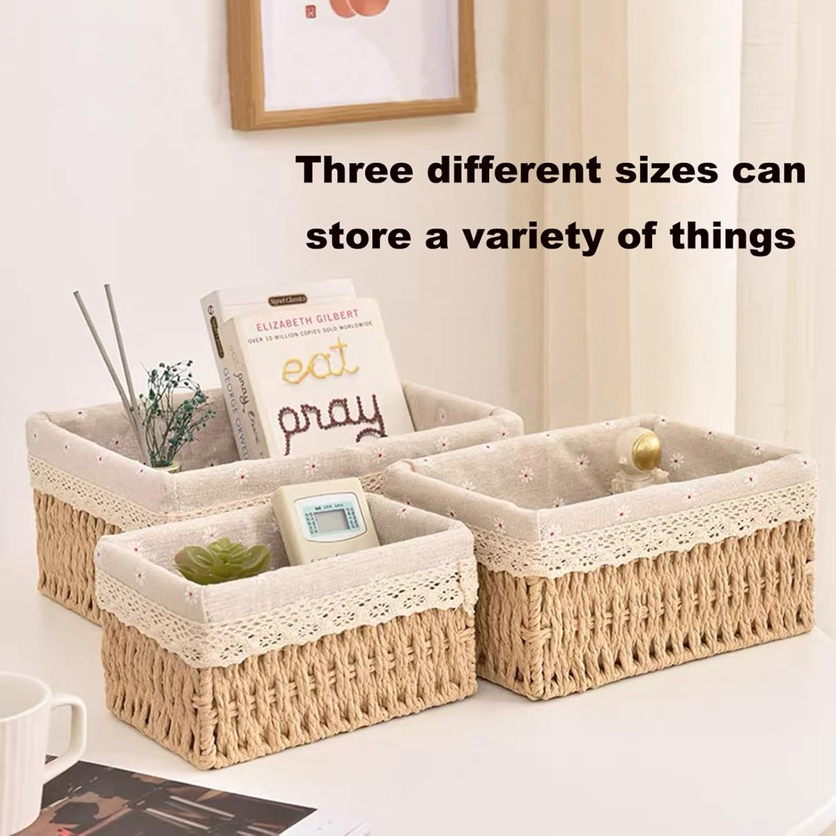 Storage Basket - Basket Set - Wicker Basket - Woven Basket - Cabinet Basket - Bathroom Basket - Storage Box - Drawer Organizer - Living Room - Bedroom - Bathroom Accessories - With Fabric Lining - Floral Print - Country Style - 3 Sizes - Natural - 3 Piece