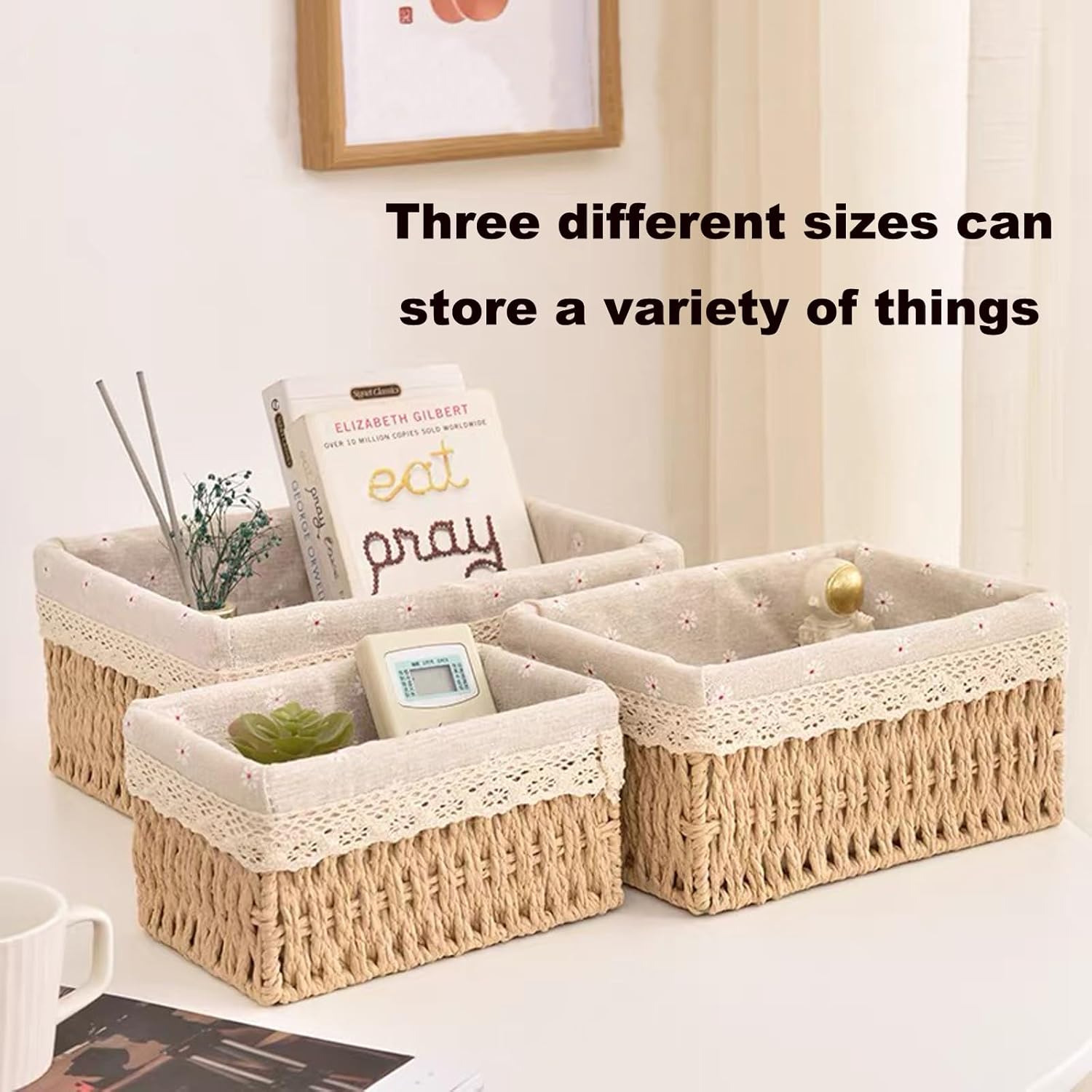 Storage Basket - Basket Set - Wicker Basket - Woven Basket - Cabinet Basket - Bathroom Basket - Storage Box - Drawer Organizer - Living Room - Bedroom - Bathroom Accessories - With Fabric Lining - Floral Print - Country Style - 3 Sizes - Natural - 3 Piece