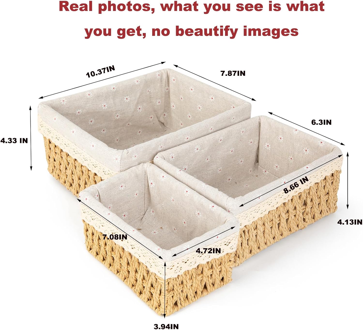 Storage Basket - Basket Set - Wicker Basket - Woven Basket - Cabinet Basket - Bathroom Basket - Storage Box - Drawer Organizer - Living Room - Bedroom - Bathroom Accessories - With Fabric Lining - Floral Print - Country Style - 3 Sizes - Natural - 3 Piece