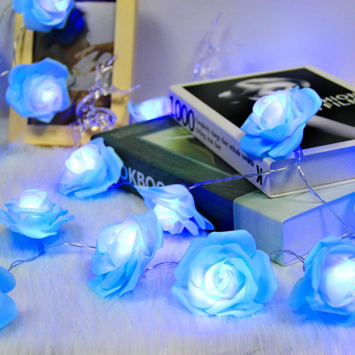 Rose Fairy Lights - Indoor Mood Lighting - Bedroom Decoration - LED Lights - Artificial Flowers - Wedding Decoration - Window Decoration - Valentine's Day Gift - Fairy Lights - Home Accessories - Party Lighting - Blue - 1 Piece