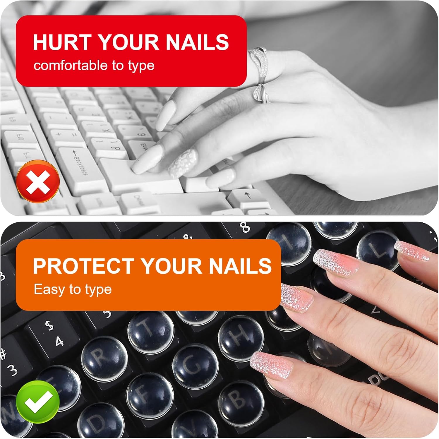 Keyboard Stickers - Typing with Long Nails - 3D Silicone Keycaps - Laptop Accessories - Nail Protectors - Tactile Marking - Keyboard Protection - Anti-Slip Keys - Typewriter Effect - Universal Round Buttons - High Transparency - 72 Pieces