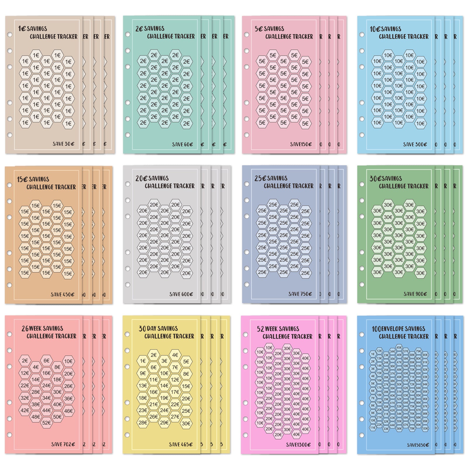 Savings Challenge - Budget Binder Refill A6 - Savings Challenge Tracker - Cash Stuffing Envelopes - Save Money - Financial Planner - Cash Book - Budget Planner - Euro Currency - Money Organizer - Goal Savings - Mix Colors - 48 Pieces