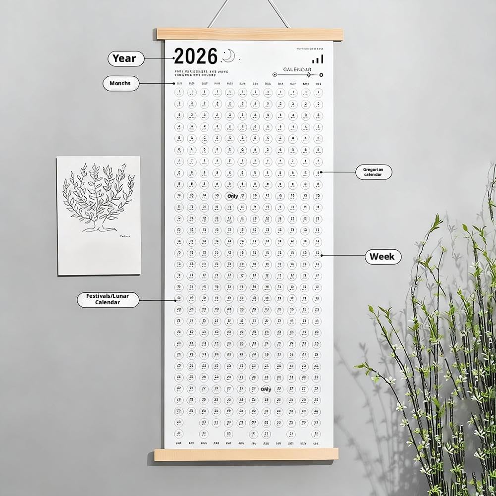 Calendar 2026 - Yearly Calendar - Wall Calendar - Family Planner - Yearly Planner - Wall Decoration - Planner - Organizer - Canvas Poster - School Calendar - Birthday Calendar - Home Accessories - Office - Interior - White - 1 Piece