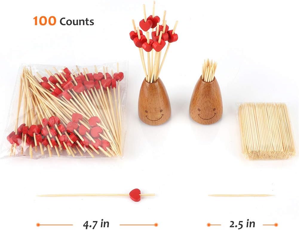 Cocktail sticks - Satay sticks - Tapas sticks - Hearts - Party supplies - Snacks - Valentine's Day - Wedding - Love - Decoration - Snacks - High Tea - Treat - Buffet - Cheese sticks - Wood - Bamboo - 12 cm - Red - 100 Pieces