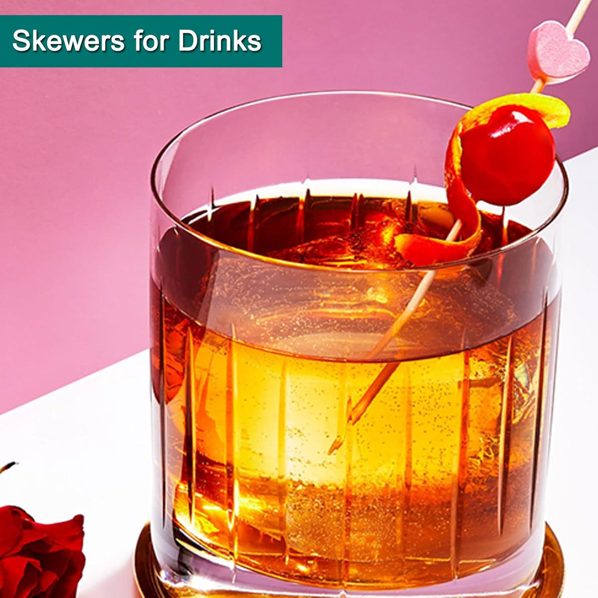 Cocktail sticks - Satay sticks - Tapas sticks - Hearts - Party supplies - Snacks - Baby shower - Baby shower - Gender reveal - Birthday - Decoration - Snacks - Treat - Buffet - Wood - Bamboo - 12 cm - Pink - 100 pieces