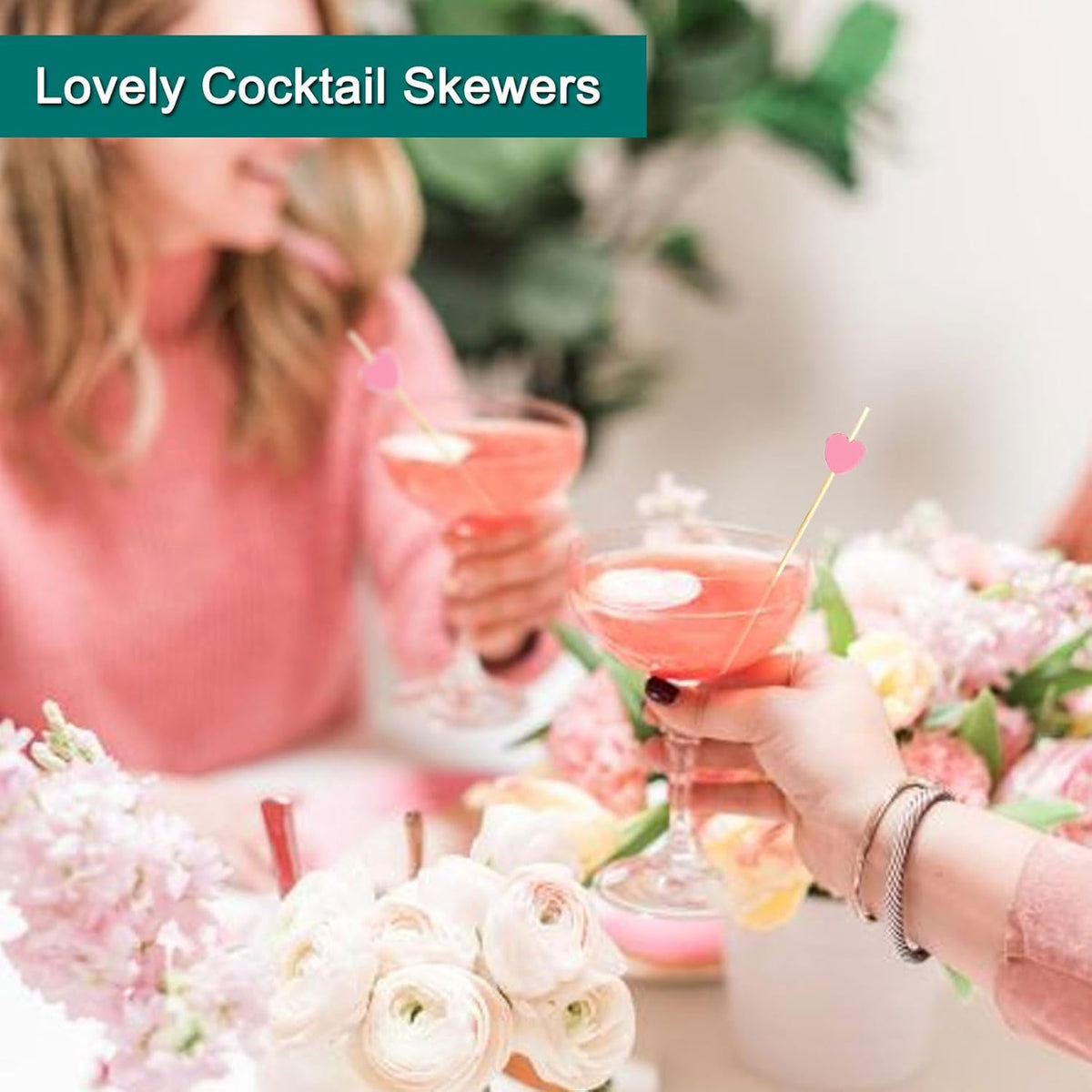 Cocktail sticks - Satay sticks - Tapas sticks - Hearts - Party supplies - Snacks - Baby shower - Baby shower - Gender reveal - Birthday - Decoration - Snacks - Treat - Buffet - Wood - Bamboo - 12 cm - Pink - 100 pieces