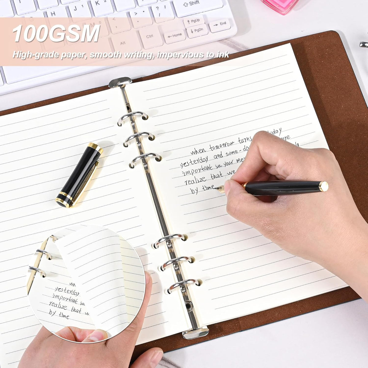 Notebook Refill A5 - Ring Binder Paper 6 Holes - Agenda Refill - Bullet Journal Paper - Refillable Notepad - Writing Paper - Planner Inserts - Office Supplies - School Supplies - Study Notes -Lined Paper - White - [数量] Pieces