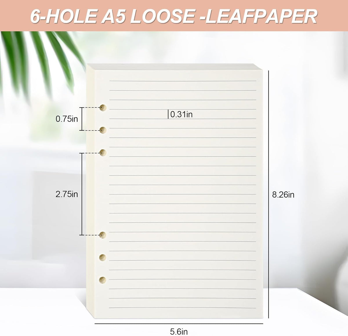 Notebook Refill A5 - Ring Binder Paper 6 Holes - Agenda Refill - Bullet Journal Paper - Refillable Notepad - Writing Paper - Planner Inserts - Office Supplies - School Supplies - Study Notes -Lined Paper - White - [数量] Pieces