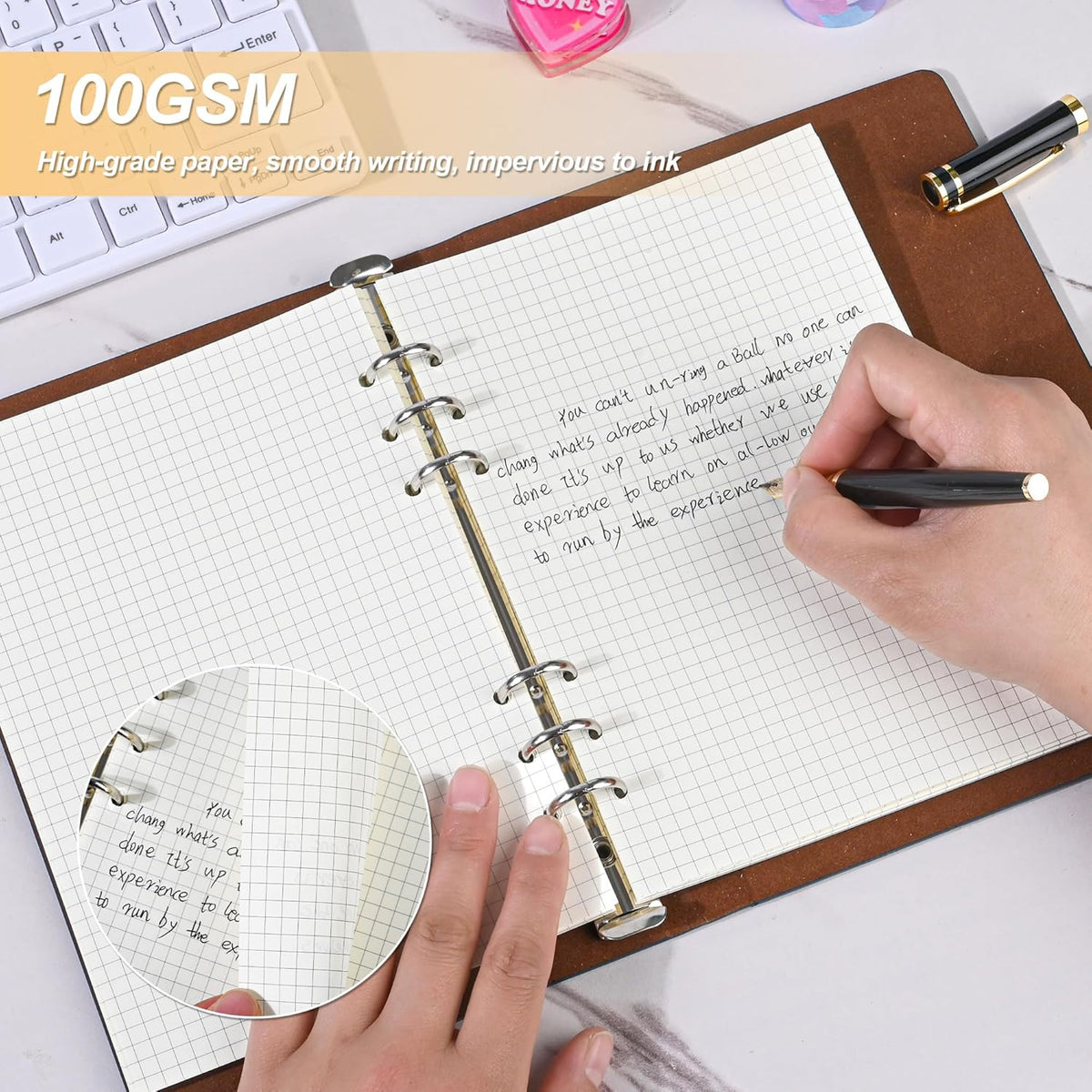 Notebook Refill A5 - Ring Binder Paper 6 Holes - Agenda Refill - Bullet Journal Paper - Refillable Notepad - Writing Paper - Planner Inserts - Office Supplies - School Supplies - Math Notebook -Checked White Graph Paper - 5 Pieces