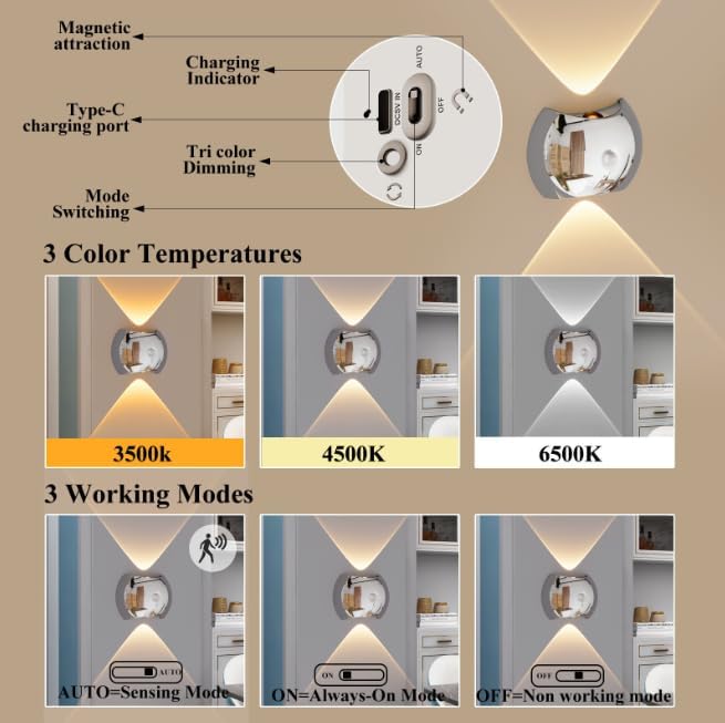 Indoor Wall Lamp - Night Light with Motion Sensor - Wireless LED Wall Light - Rechargeable Wall Lamp - Stair Lighting - Closet Lighting - Bedroom Lamp - USB Rechargeable - Magnetic -RGB Color Light - Black - 1 Piece