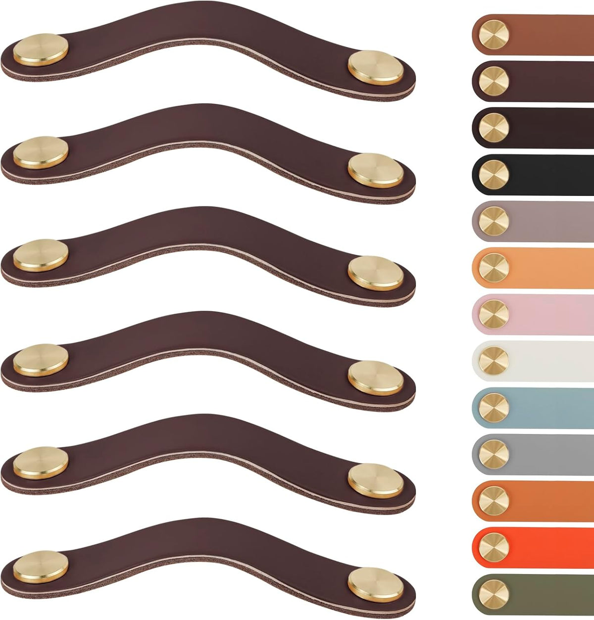 Leather Handles - Furniture Handles - Kitchen Handles - Door Handles - Cabinet Handles - Drawer Knobs - Furniture Hardware - Kitchen Hardware - Handles - Leather - Leather - Kitchen Renovation - Industrial - Brass - Pitch 128mm - Handles - Cognac - Set of