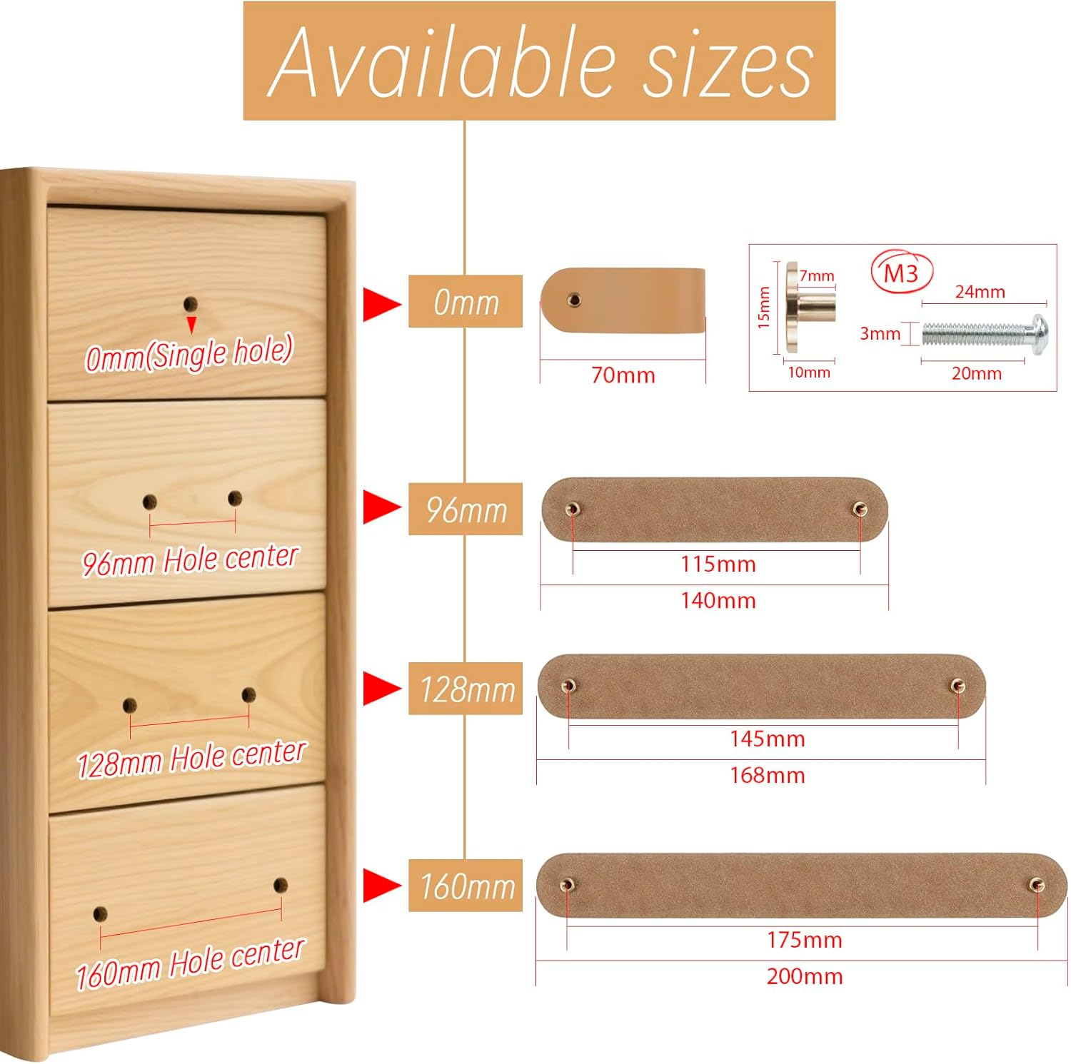 Leather Handles - Furniture Handles - Kitchen Handles - Door Handles - Cabinet Handles - Drawer Knobs - Furniture Hardware - Kitchen Hardware - Handles - Leather - Leather - Kitchen Renovation - Industrial - Brass - Pitch 128mm - Handles - Cognac - Set of