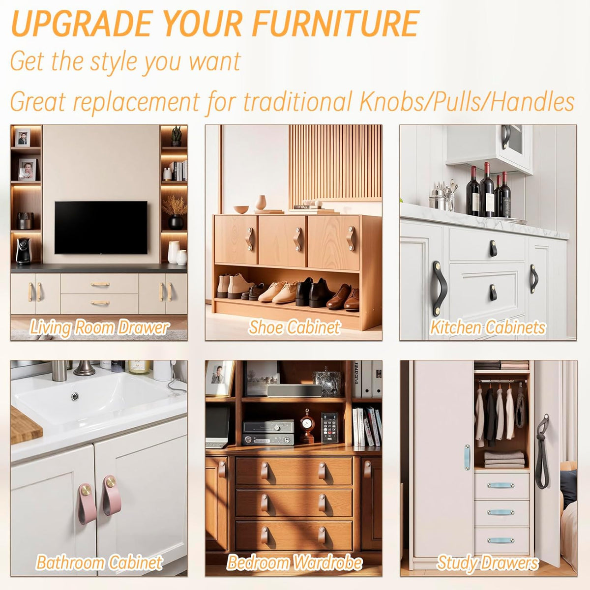 Leather Handles - Furniture Handles - Kitchen Handles - Door Handles - Cabinet Handles - Drawer Knobs - Furniture Hardware - Kitchen Hardware - Handles - Leather - Leather - Kitchen Renovation - Scandinavian - Brass - Pitch 128mm - Handles - Beige - Set o