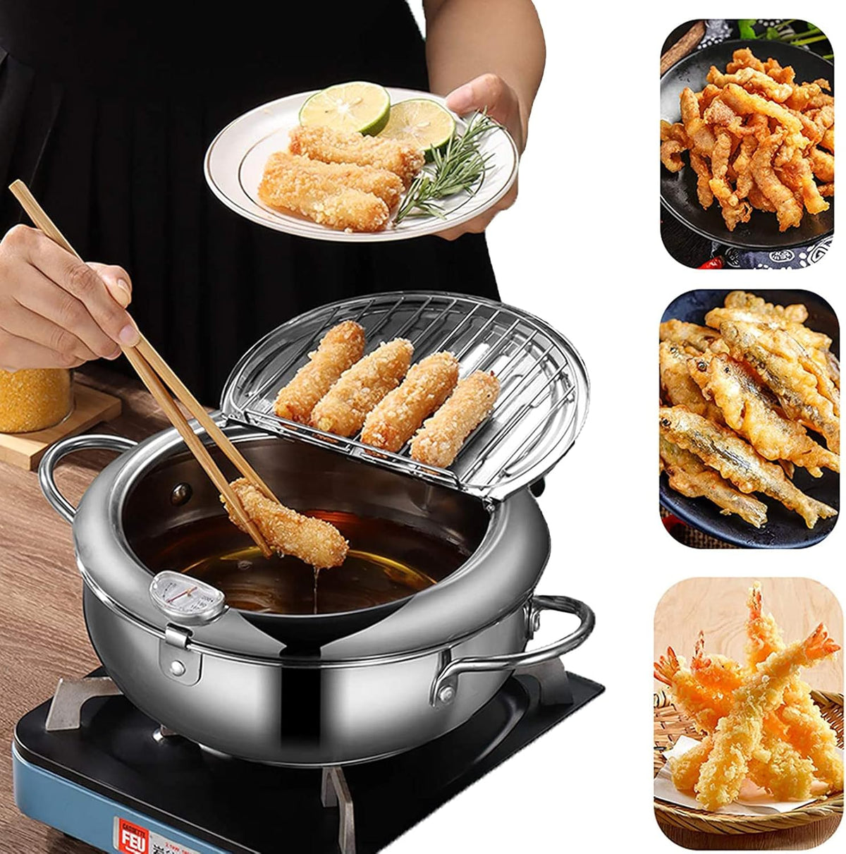 Deep fryer - Tempura pan - 20 cm - Stainless steel pan - Kitchen accessories - Japanese deep fryer - Induction deep fryer - Deep fryer - Cooking pot - Stainless steel pan - Small deep fryer - Kitchen utensils - Household - Silver - 1 piece