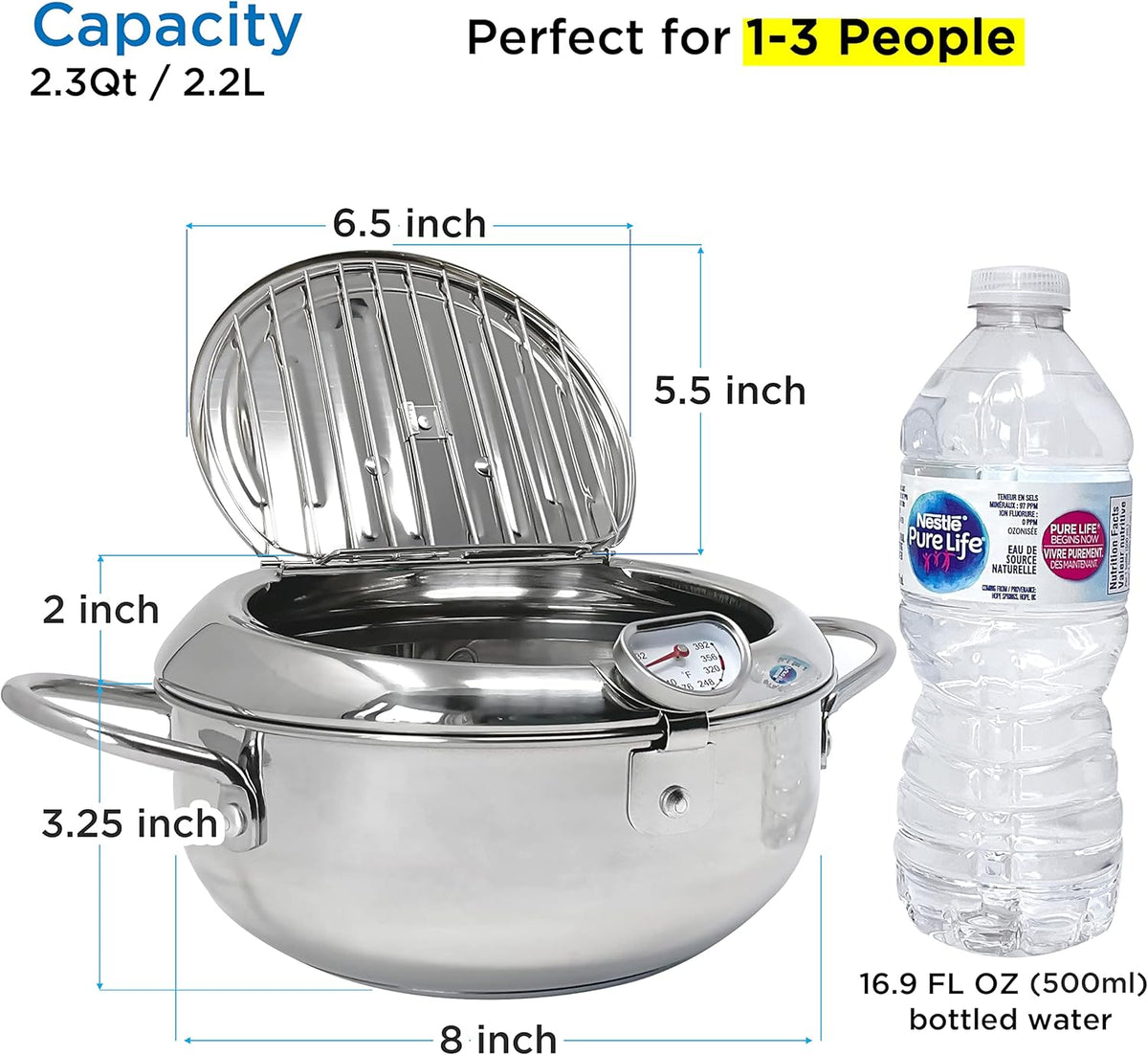 Deep fryer - Tempura pan - 20 cm - Stainless steel pan - Kitchen accessories - Japanese deep fryer - Induction deep fryer - Deep fryer - Cooking pot - Stainless steel pan - Small deep fryer - Kitchen utensils - Household - Silver - 1 piece