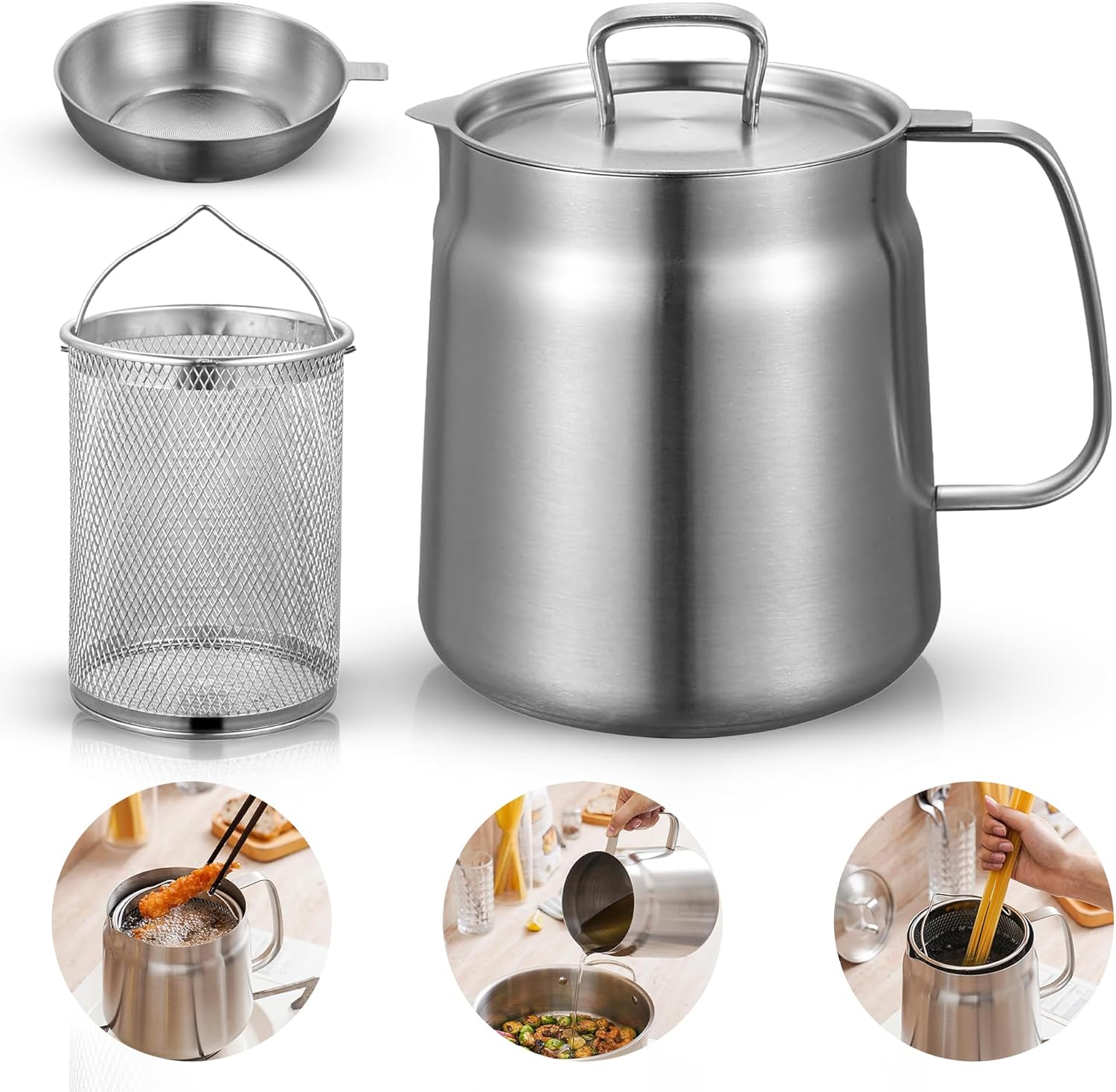 Deep fryer with basket - Stainless steel deep fryer - Kitchen accessories - Oil pan - Induction pan - Deep fryer - Pasta pan - Kitchen utensils - Stainless steel pot - Mini deep fryer - Cooking accessories - Deep fryer - Oil can - Kitchen utensils - 2.0L