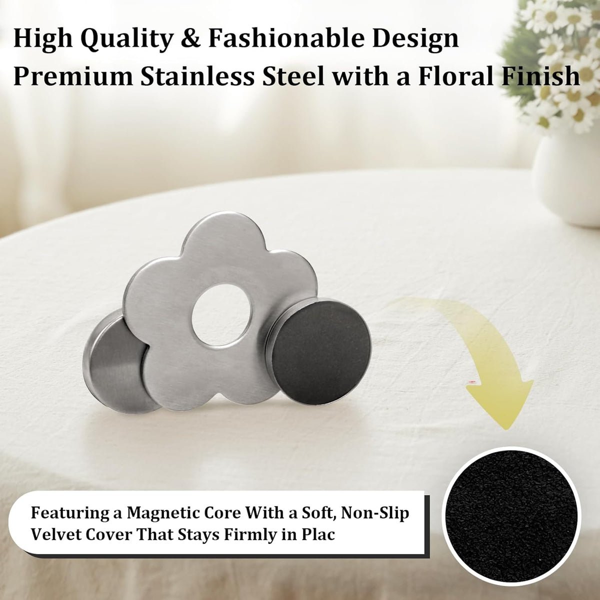 Tablecloth clips - Tablecloth weights - Magnetic clips - Tablecloth holder - Garden accessories - Picnic accessories - Windstopper tablecloth - Table accessories - Outdoor dining - Magnetic weight - Clover design - Silver - 8 pieces