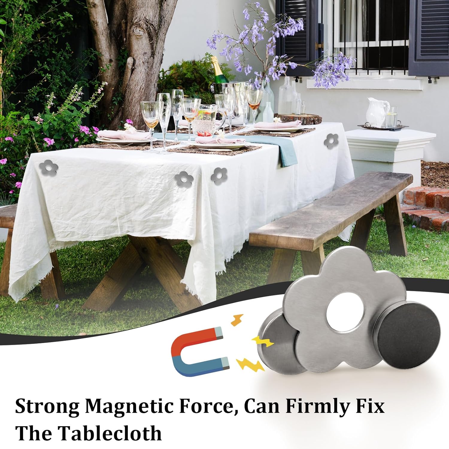 Tablecloth clips - Tablecloth weights - Magnetic clips - Tablecloth holder - Garden accessories - Picnic accessories - Windstopper tablecloth - Table accessories - Outdoor dining - Magnetic weight - Clover design - Silver - 8 pieces