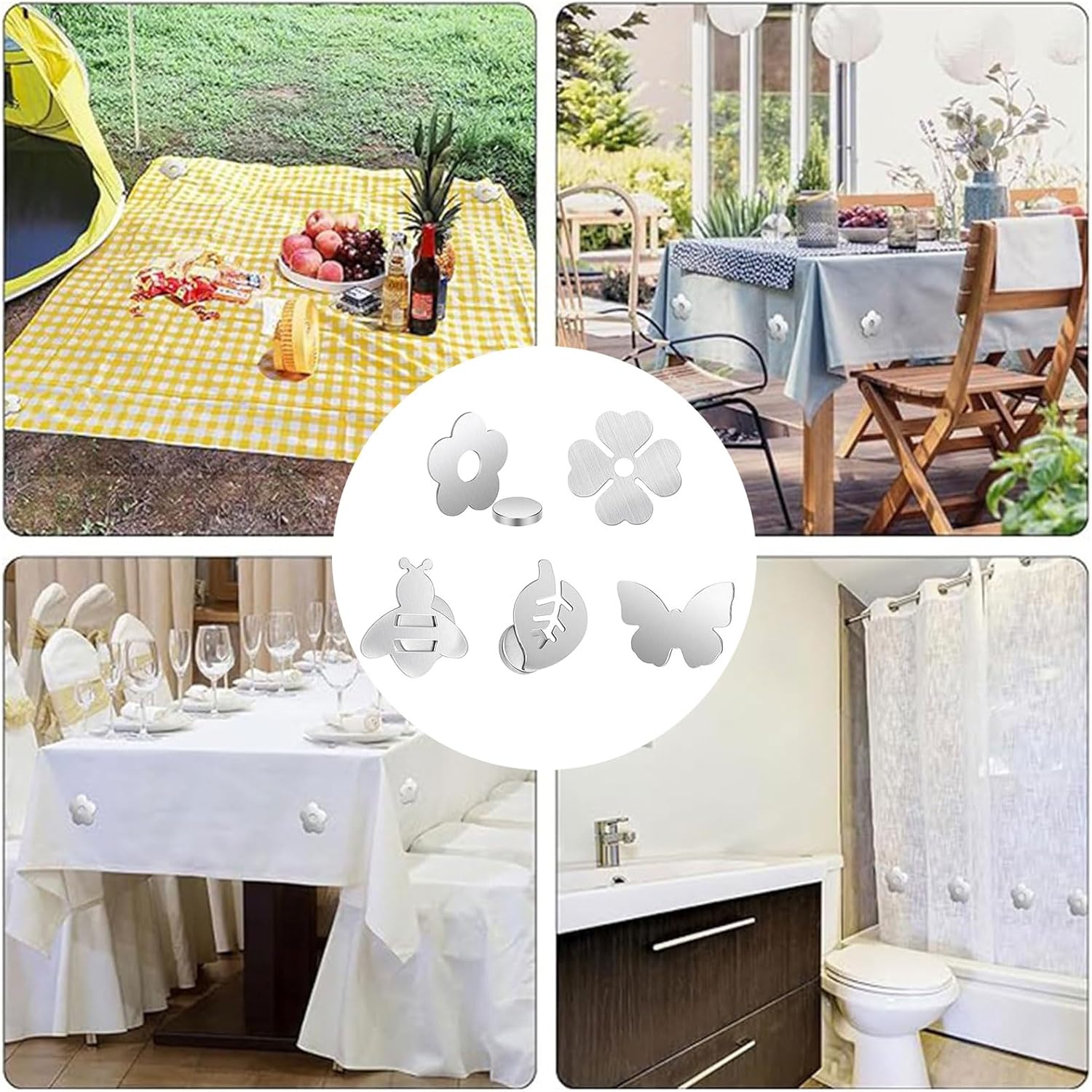 Tablecloth clips - Tablecloth weights - Magnetic clips - Tablecloth holder - Garden accessories - Picnic accessories - Windstopper tablecloth - Table accessories - Outdoor dining - Magnetic weight - Clover design - Silver - 8 pieces