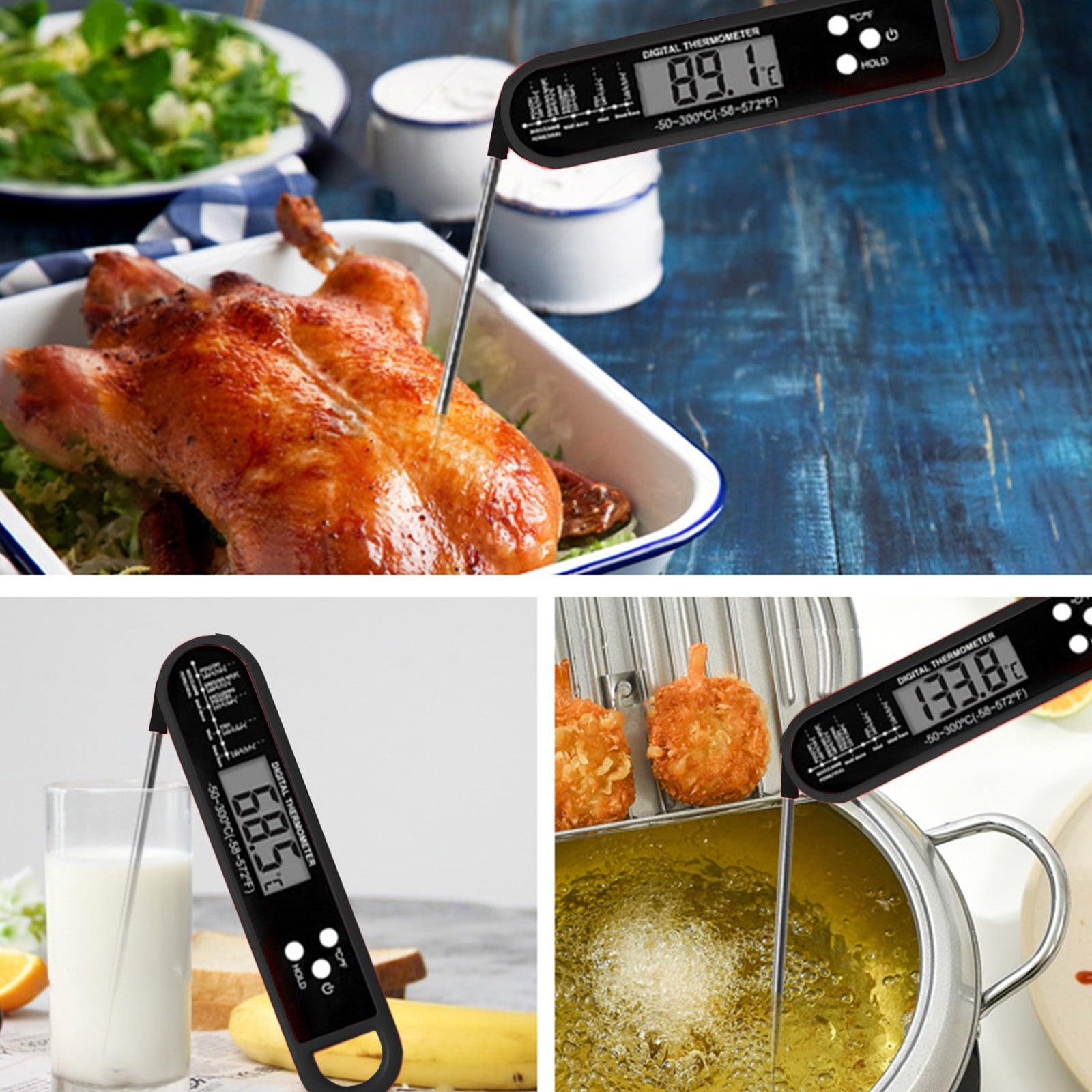 Meat Thermometer Digital, Instant Read Waterproof Food Thermometer, Instant Read Meat Thermometer, Digital T-hermometer with Long Probe, for Cooking, Grill, Candy, Kitchen, Stocking Stuffers Black