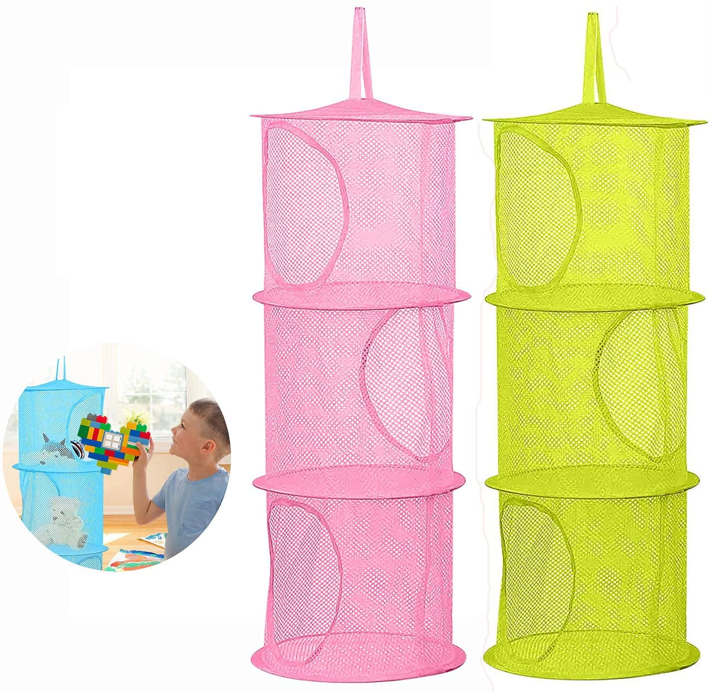 2 Pcs Hanging Mesh Stuffed Animal Storage Hammock Net, Foldable Toy Storage Organizer 3 Compartments Net for Stuffed Animals Corner for Boys, Girls, Gloves, Hats, Socks Pink-green
