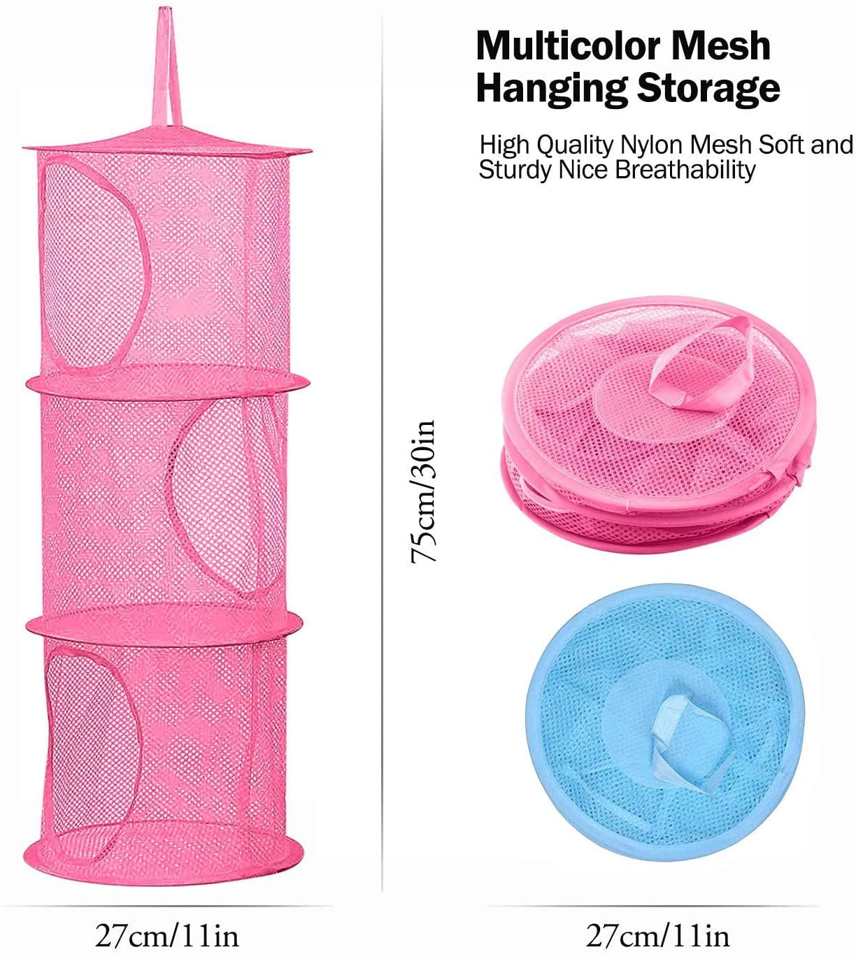 2 Pcs Hanging Mesh Stuffed Animal Storage Hammock Net, Foldable Toy Storage Organizer 3 Compartments Net for Stuffed Animals Corner for Boys, Girls, Gloves, Hats, Socks Pink-green