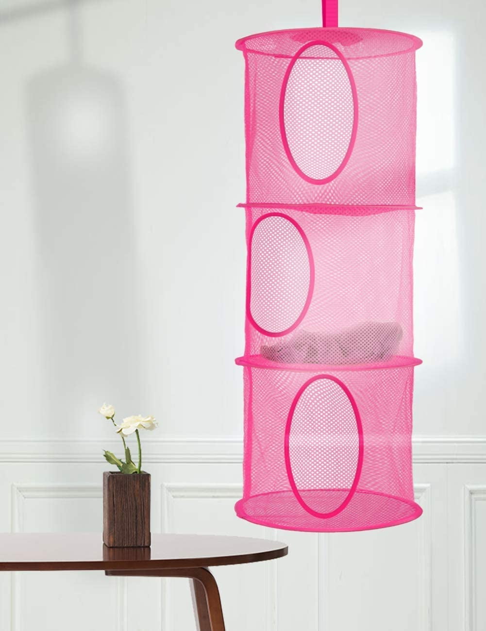 2 Pcs Hanging Mesh Stuffed Animal Storage Hammock Net, Foldable Toy Storage Organizer 3 Compartments Net for Stuffed Animals Corner for Boys, Girls, Gloves, Hats, Socks Pink-green