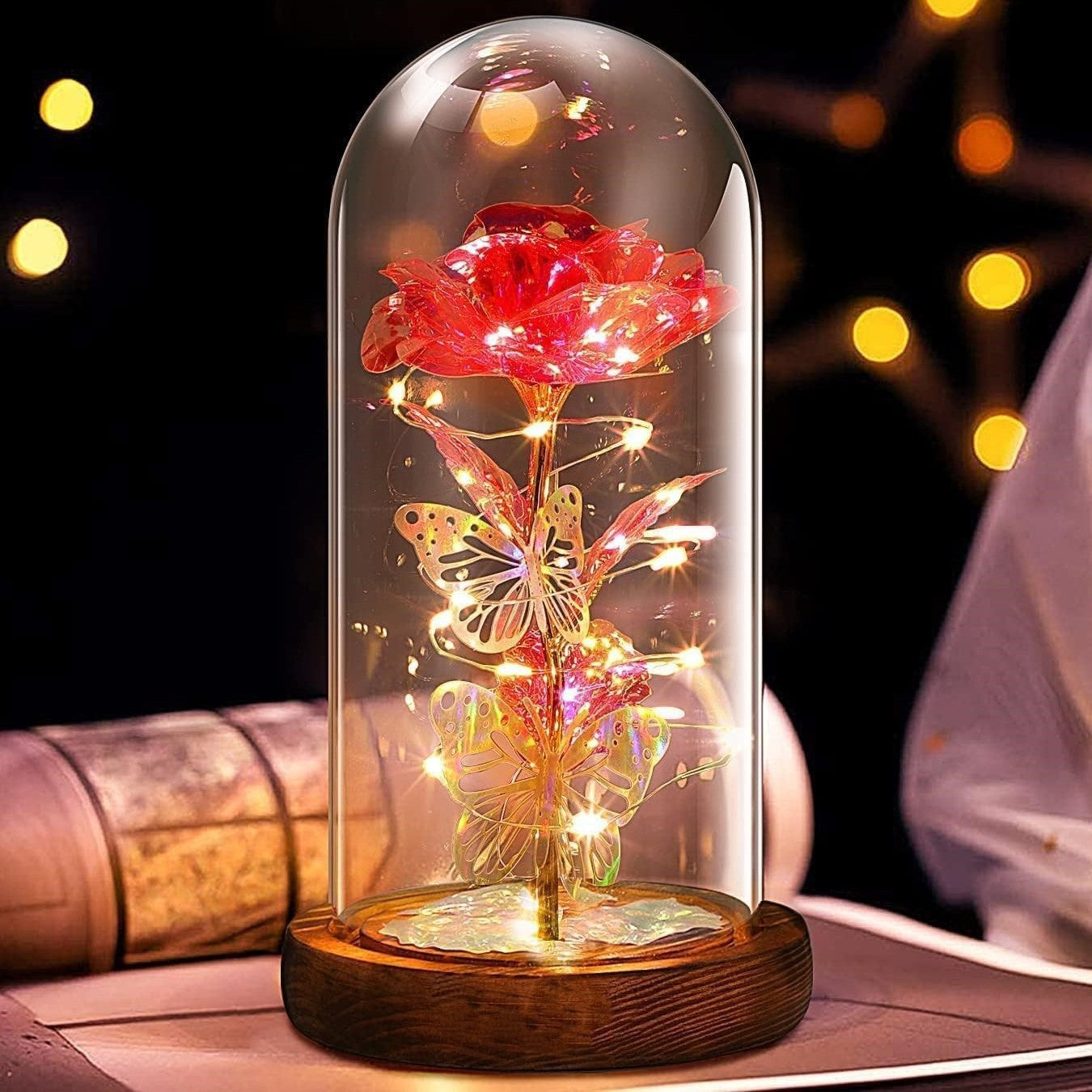 Red & Silver Butterfly Flower Lamp - Decorative LED Table Lamp for Romantic Ambiance