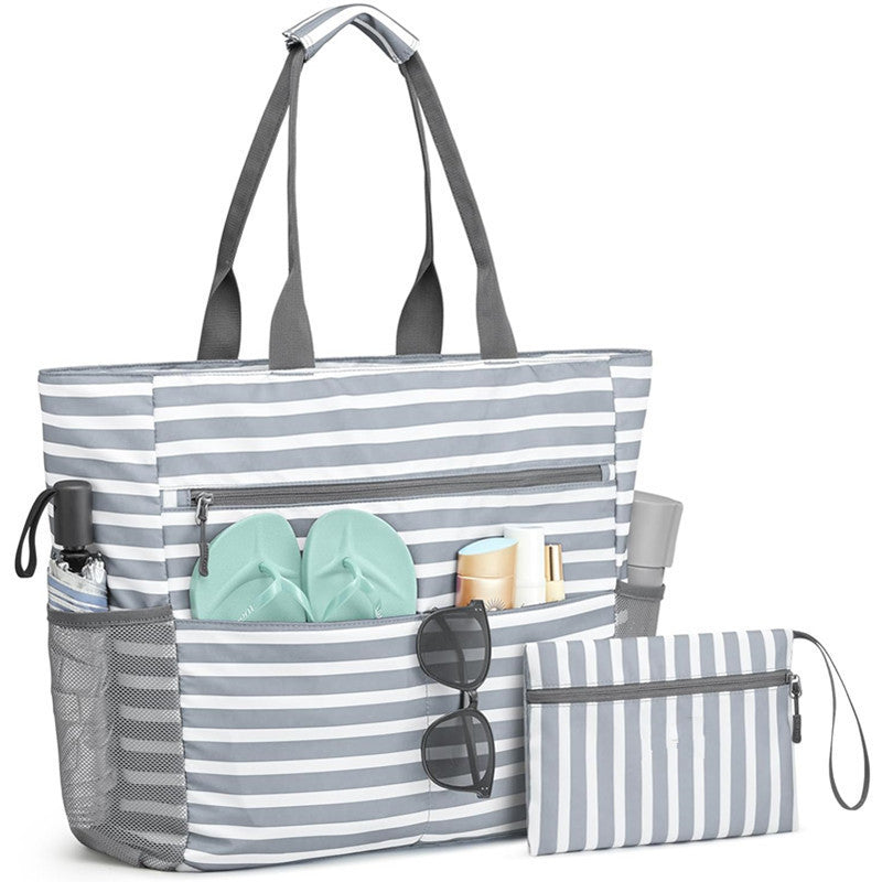 Gray Striped Beach Bag - Spacious Lightweight Tote for Travel, Pool & Vacation
English Description: