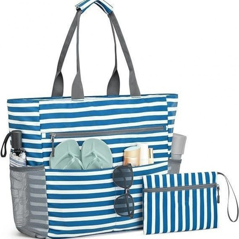 Blue Striped Beach Bag - Spacious Lightweight Tote for Travel, Pool & Summer Getaways