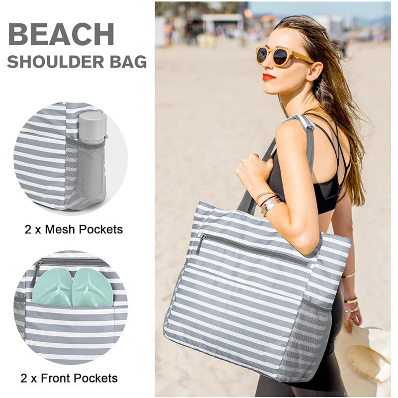 Blue Striped Beach Bag - Spacious Lightweight Tote for Travel, Pool & Summer Getaways