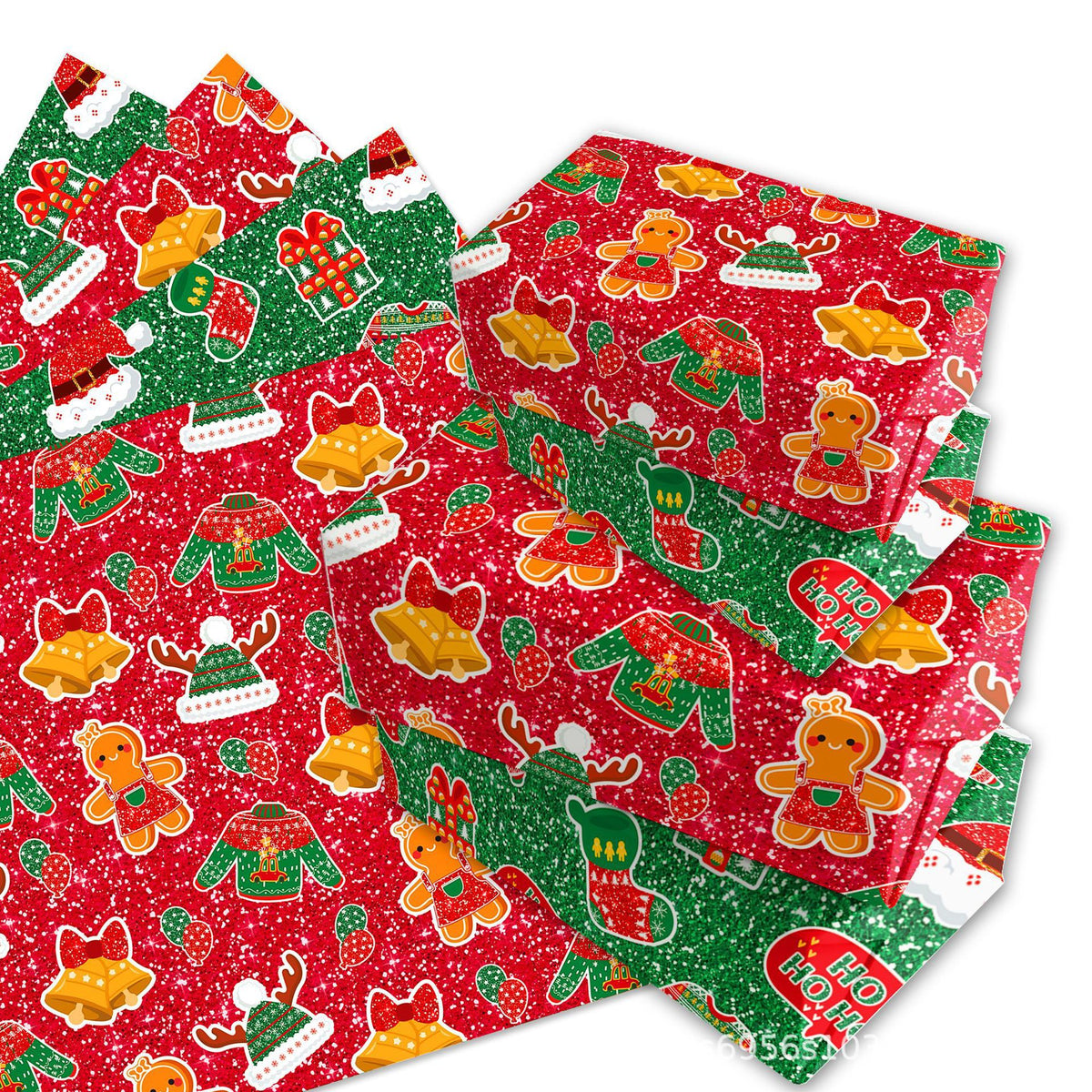 Gift Wrapping Paper Style WZ025 - Red & Green Reindeer & Gingerbread Man Design (12-Sheet Set)