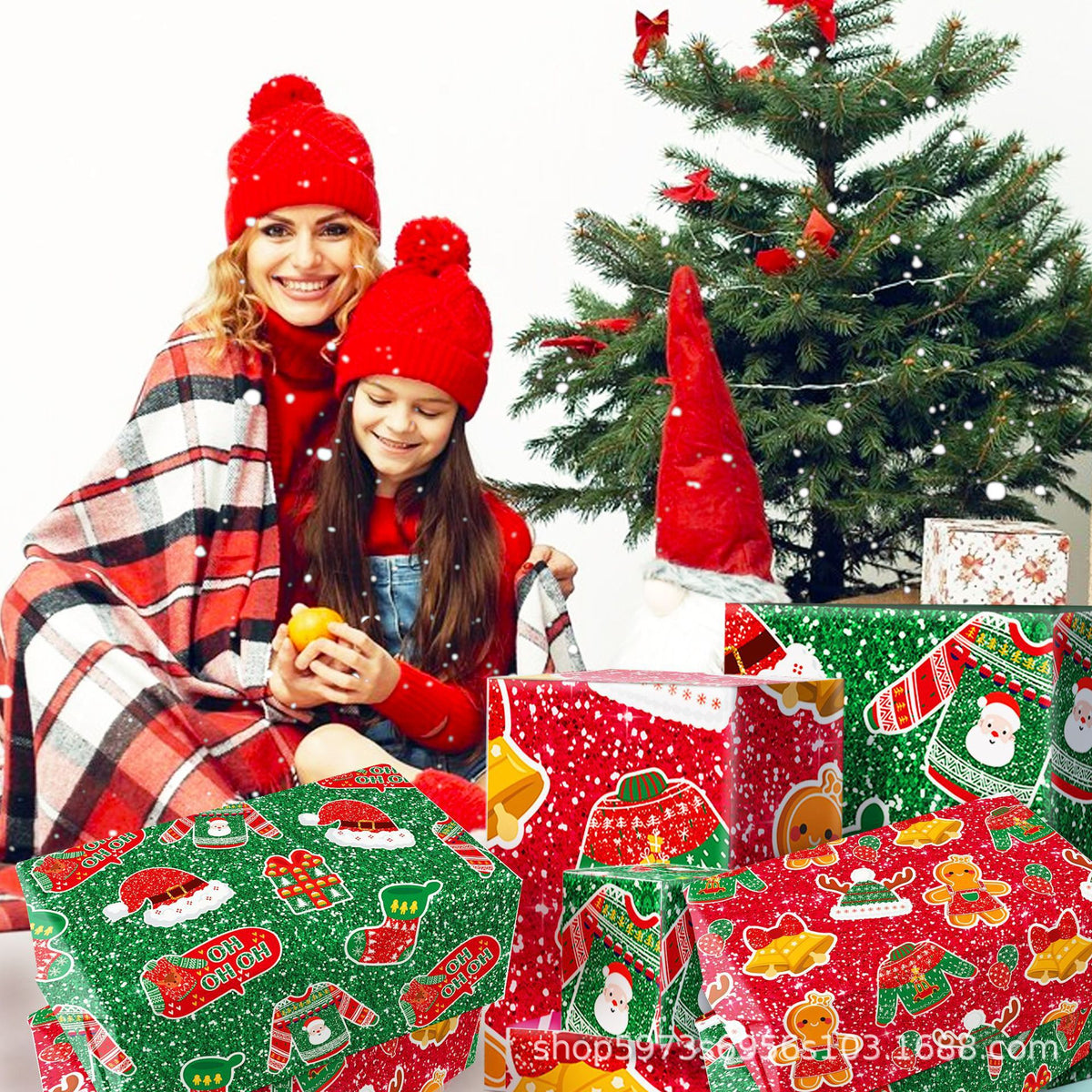 Gift Wrapping Paper Style WZ025 - Red & Green Reindeer & Gingerbread Man Design (12-Sheet Set)