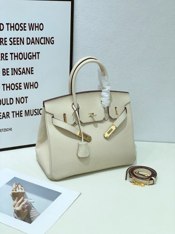 2025 - Euro-american Elegant Lychee Leather Shoulder Bag- Birkin 25-milky White