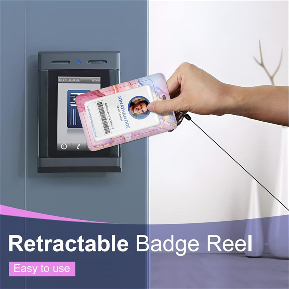 1pc card holder, pink marble-patterned tag, badge scroll, retractable easy-pull buckle, detachable lanyard