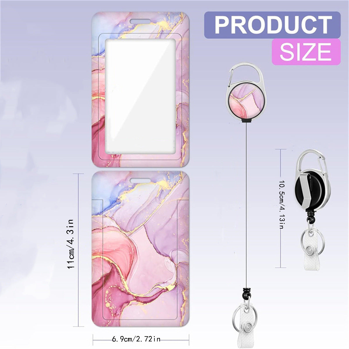 1pc card holder, pink marble-patterned tag, badge scroll, retractable easy-pull buckle, detachable lanyard