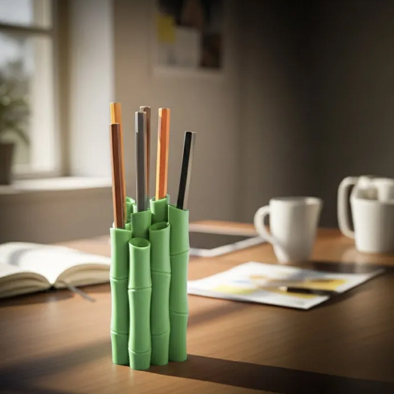 A 3D-printed bamboo pen holder can hold pens, pencils, markers, or drawing tools, adding a tranquil and natural atmosphere while keeping the work area tidy.