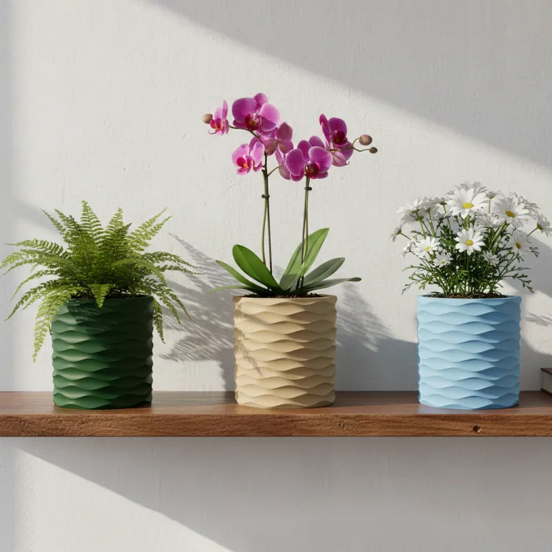 3D Printed Modern Wave Flower Pot - Water-Storing Rotating Base, Army Green, Single Piece