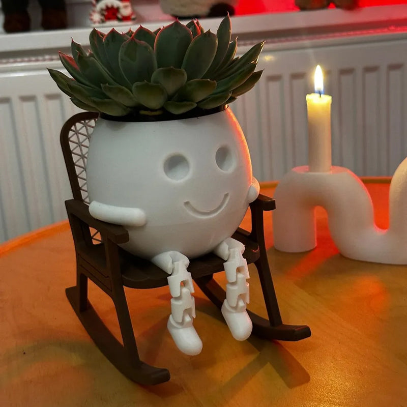 3D printed rocking planter, perfect as a desktop decoration, bookshelf embellishment, or gift. White.