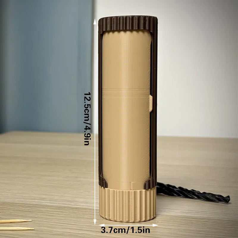 3D-printed compact rotating organizer capsule, 1.5 inches long x 4.9 inches high.