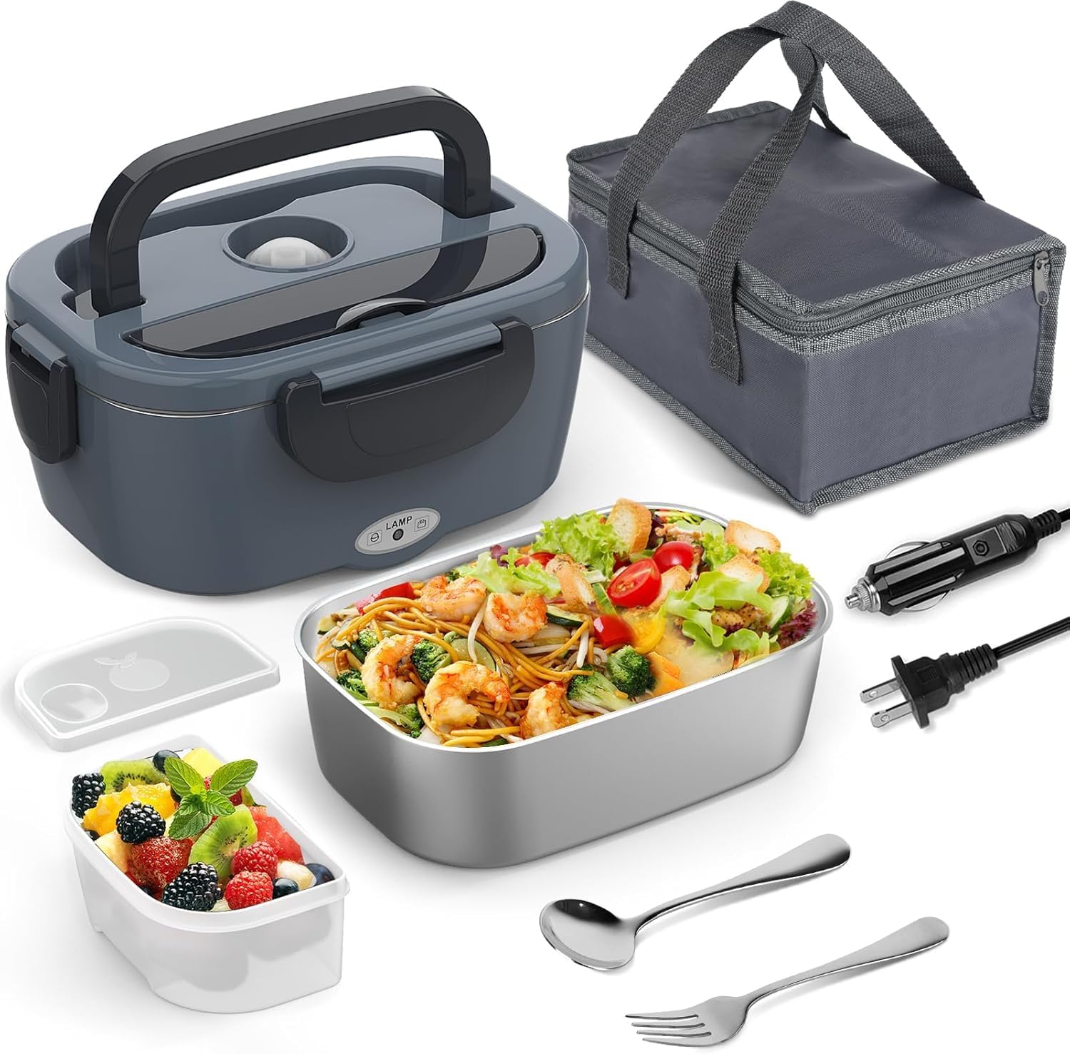 Electric Heated Lunch Box for Men/Women Home 80W Portable Food Warmer with 110V-250V Stainless Steel Leakproof Container for Work Travel Jobsite Camping Christmas White Elephant Gifts