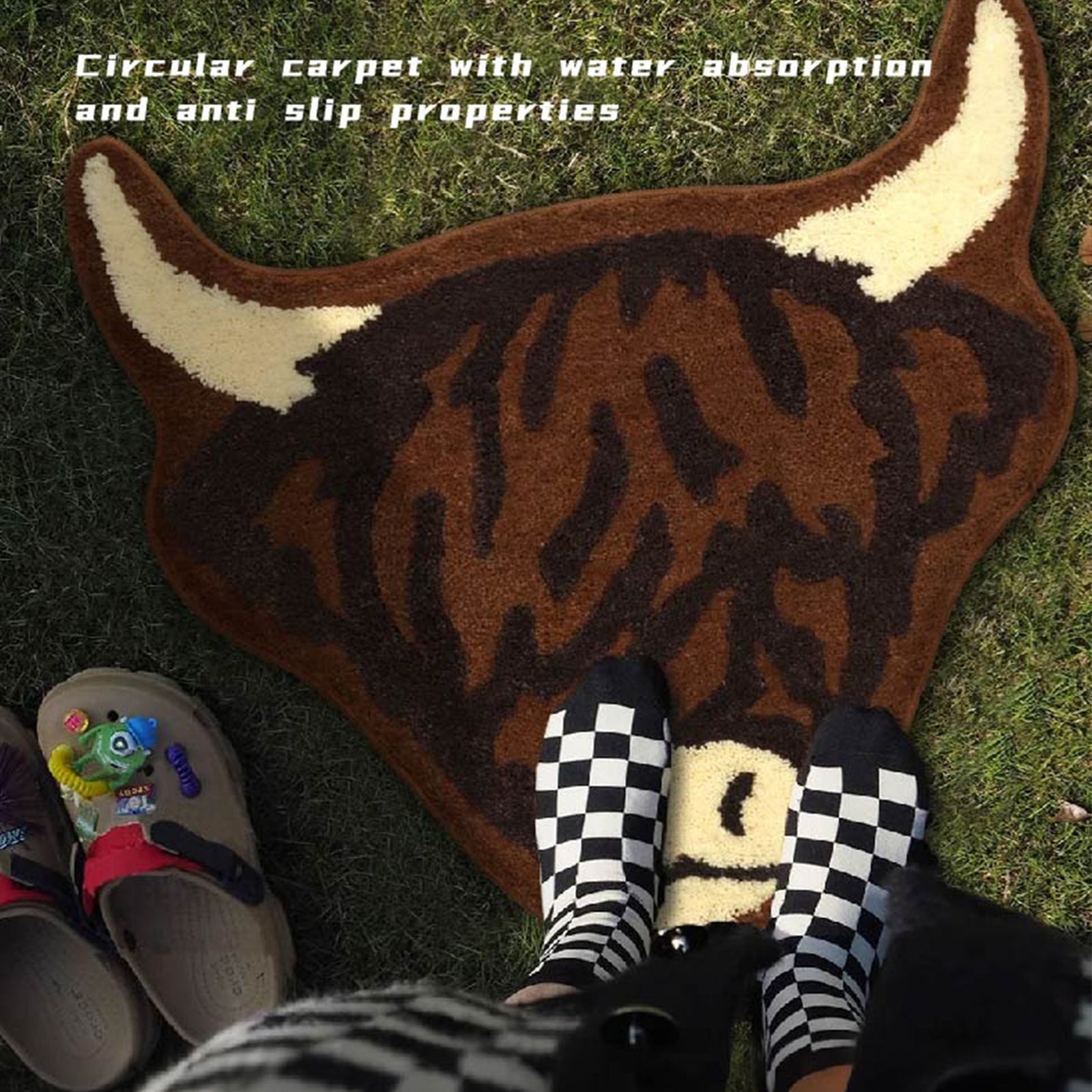 American Style Brown Bull Head Flocked Rug, Bedroom Bedside Rug, Bathroom Doorway Absorbent Mat, Non-Slip Toilet Mat