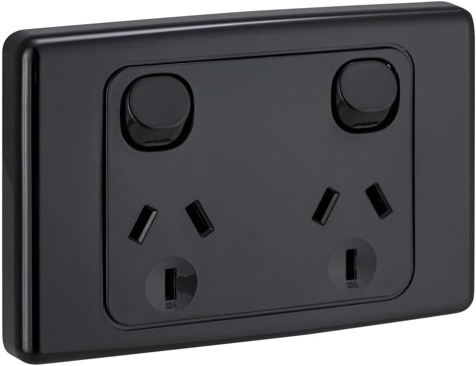 2000 Series 10A 250V Horizontal Twin Switch Socket Outlet, Black