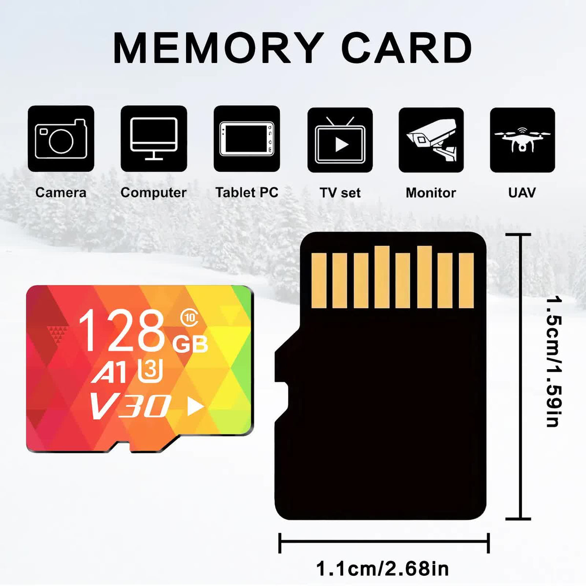 1PCS 128G Memory Cards, U3 A1 Class 10, Up To 100MB/s, Micro SD TF For Security Monitor/Full HD Video Recording/Tablet/Phone/ Surveillance Camera/Dash Camera/Car Speaker/Game Console