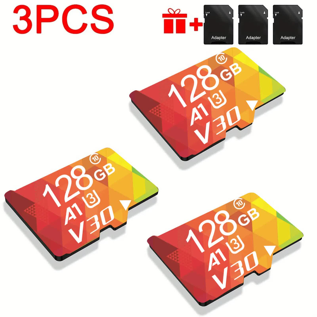 3PCS 128G Memory Cards, U3 A1 Class 10, Up To 100MB/s, Micro SD TF For Security Monitor/Full HD Video Recording/Tablet/Phone/ Surveillance Camera/Dash Camera/Car Speaker/Game Console
