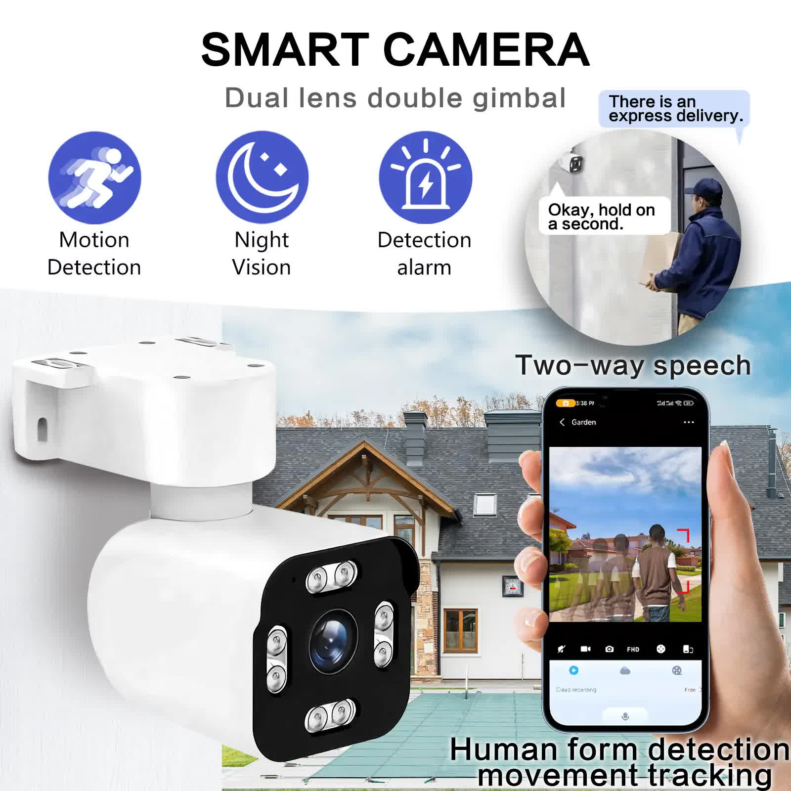 3MPSecurity Cameras for Home, 2.4G Wifi House Surveillance Cameras with Audio And Video, Security Cameras Wireless Outdoor with PTZ And Motion Detection, Wired Outdoor Security Camera Support Color Night Vision, SD Card Video Recording